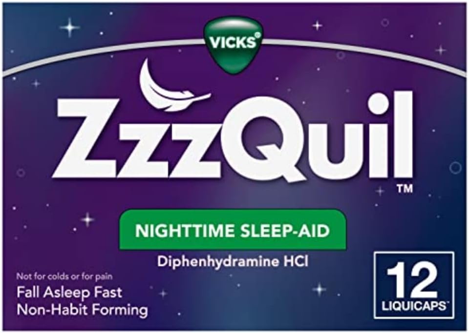 ZzzQuil, Nighttime Sleep Aid LiquiCaps, 25 mg Diphenhydramin HCl, No. 1 Sleep- Aid Brand, Non- Habit Forming, Fall Assapy Fast, 12 Greve