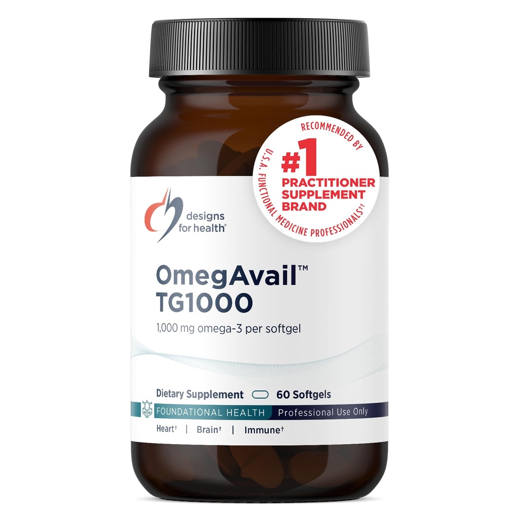 Designs for Health OmegAvail TG1000 - TG (triglycerid) Fish Oil Supplement with EPA / DHA - Meget koncentreret 1000mg Omega-3 Per Softgel - Natural Lemon Flavor + No Fishy Aftersmage (60 Softels)