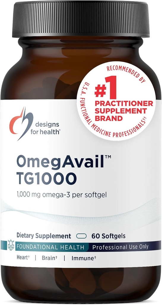 Designs for Health OmegAvail TG1000 - TG (triglycerid) Fish Oil Supplement with EPA / DHA - Meget koncentreret 1000mg Omega-3 Per Softgel - Natural Lemon Flavor + No Fishy Aftersmage (60 Softels)