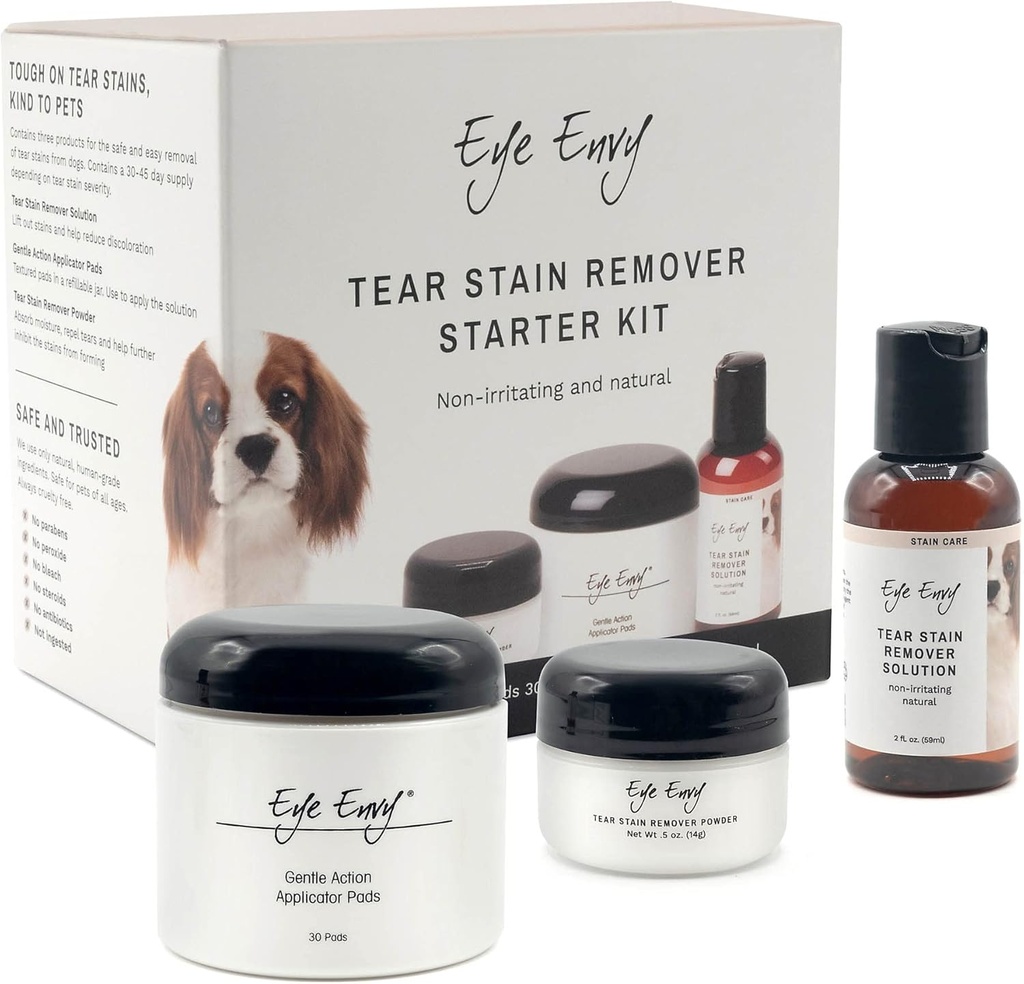 Eye Envy Dog Tear Stain Remover Starter Kit. 100% Natural, Safe. Indeholder: Stain Solution, Applikator Pads, og Stain Powder. Tear Stain Behandling Kit. Lasts 30- 45 dage. Fremstillet i USA