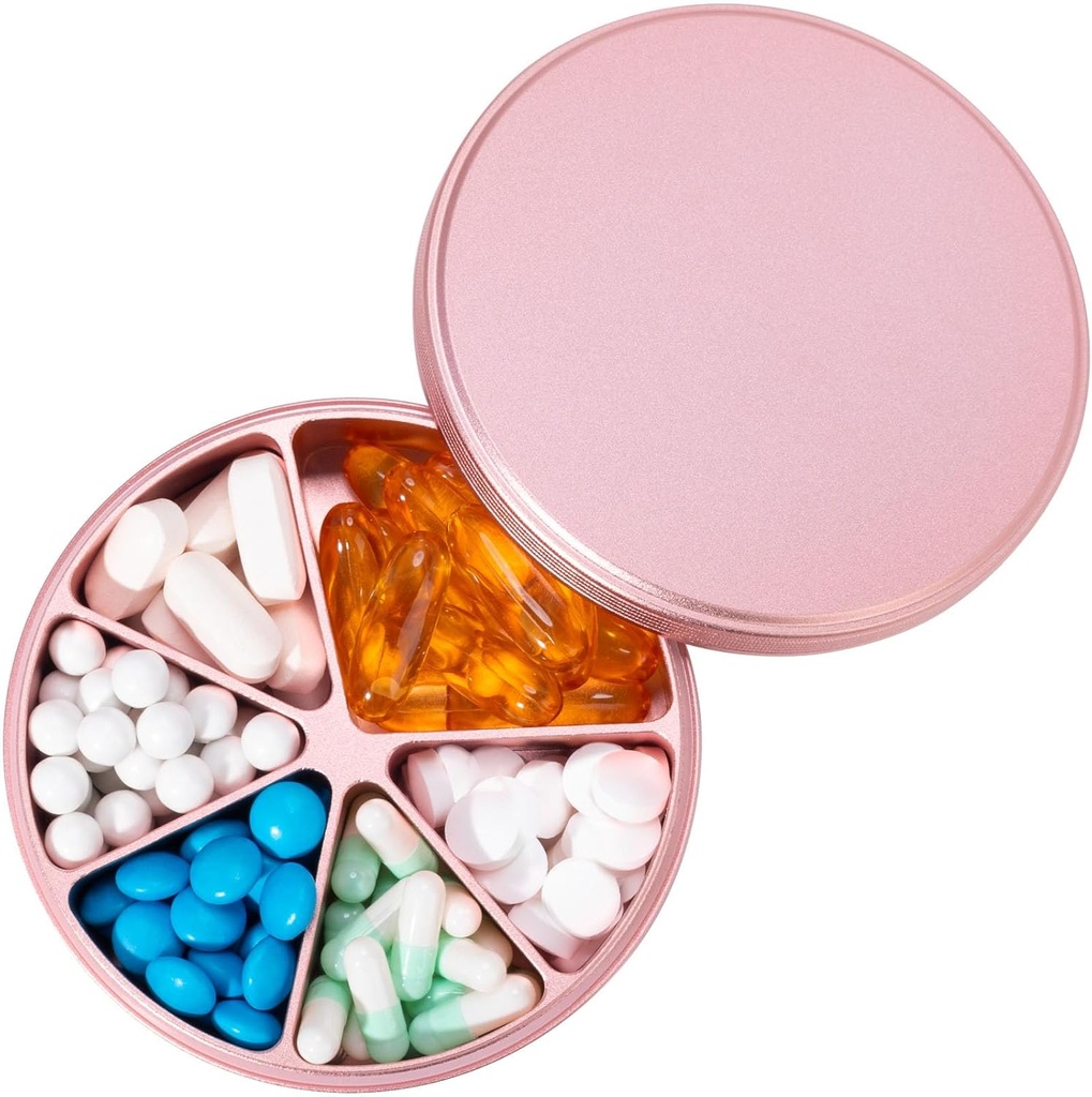Pill Organizer 6 Compartments Pill Dispenser - Heavy Duty Metal Daily Pill Container, Daily Pill Box Pill Holder, Vandtæt medicin sag for Vitamin Supplement Medicine Fish Olies, 0,38lb, Pink