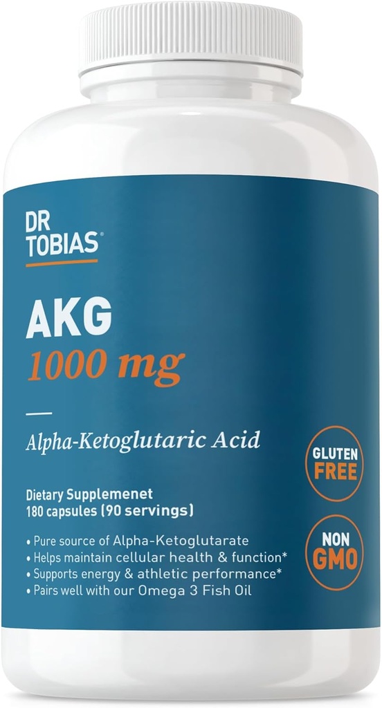 Dr. Tobias AKG Supplement 1000mg Per Servering, Bioavailable Alpha Ketoglutaric Acid, Understøtter Cellular Energy & Nitric Oxide Flow, Vegan, Gluten- Free, Non- GMO, 180 Kapsler, 90 Servere