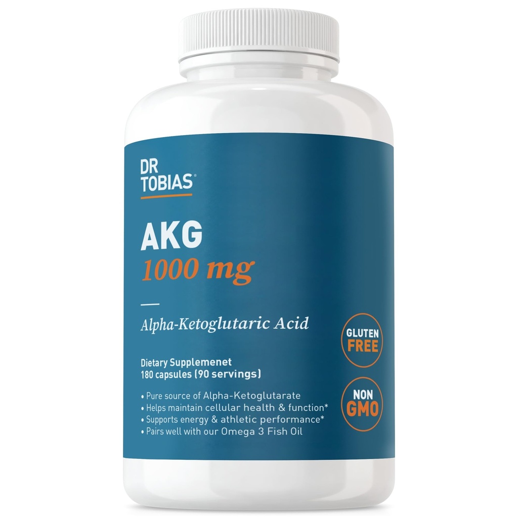 Dr. Tobias AKG Supplement 1000mg Per Servering, Bioavailable Alpha Ketoglutaric Acid, Understøtter Cellular Energy & Nitric Oxide Flow, Vegan, Gluten- Free, Non- GMO, 180 Kapsler, 90 Servere