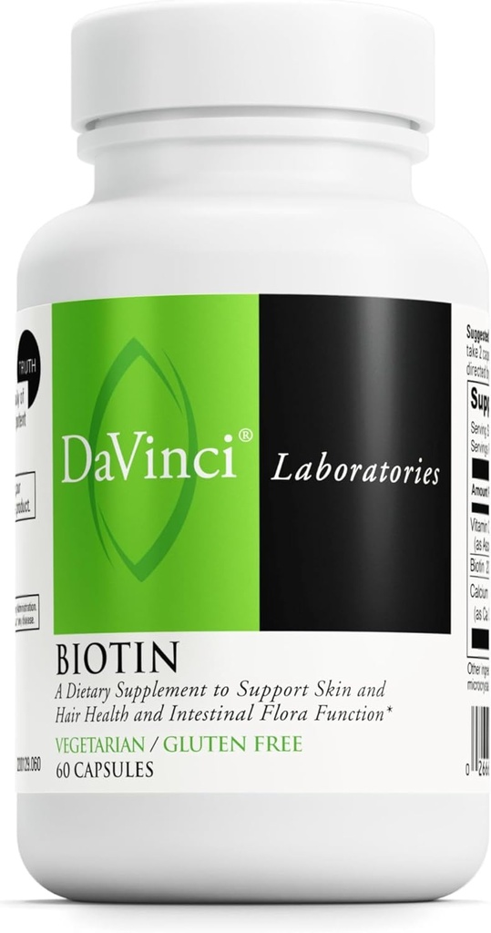 DAVINCI Labs Biotin - Understøtter hud og hår sundhed, intestinal Flora funktion * - Kosttilskud med C-vitamin & calcium som Ca Carbonat - Vegetar - Gluten- Free - 60 kapsler