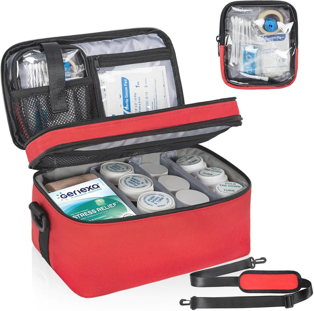 2 Layers Medicine Storage Organizer Bag med Bærbar Pouch, Pill Flaske Organizer sag for piller, Vitamin, Fish Oil, Lockable Medicine Storage Bag til Hjem og Rejser
