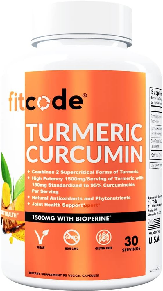 fitcode Gurkemeje med 95% Curcuminoider, Højeste potens, Non-GMO, Gluten Free, 1500mg af Ultra- Pure Gurkemeje med BioPerine for Enhanced Absorption, 30 Serving Veggie Kapsler