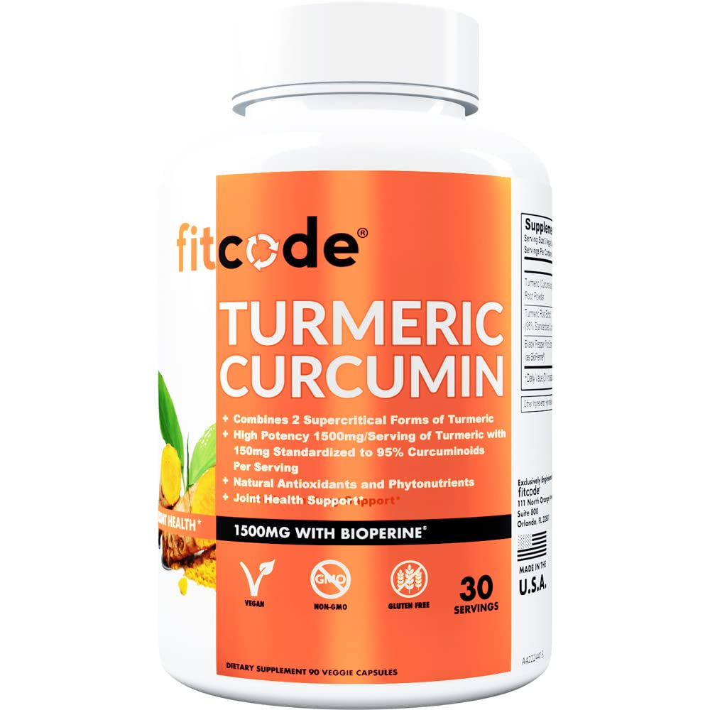fitcode Gurkemeje med 95% Curcuminoider, Højeste potens, Non-GMO, Gluten Free, 1500mg af Ultra- Pure Gurkemeje med BioPerine for Enhanced Absorption, 30 Serving Veggie Kapsler