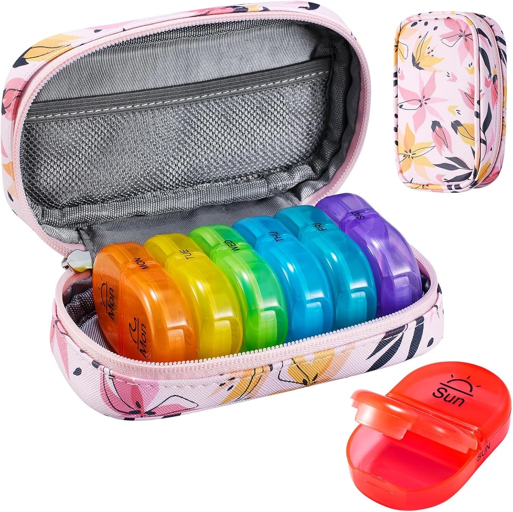 Serfeymi Weekly Travel Pill Organizer 2 gange en dag PM opgraderet Rainbow Pill Box 7 dag med transportabel lynlås PU læderpille sag, Medicin Organizer til piller, Vitaminer, fiskeolier - Pink 03