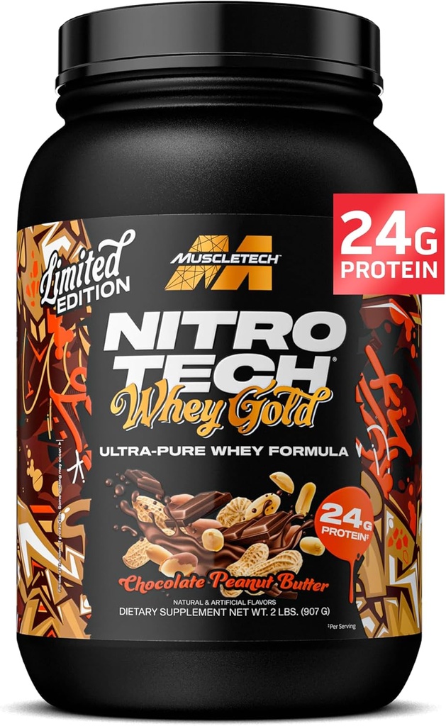 MuscleTech Whey Protein Powder (Chocolate Peanut Butter, 2LB) - Nitro- Tech Whey Protein Isolate Smoothie Mix for Lean Muscle & Fast Recovery - 24g af Whey Gold Protein for kvinder & mænd - Gluten- Free