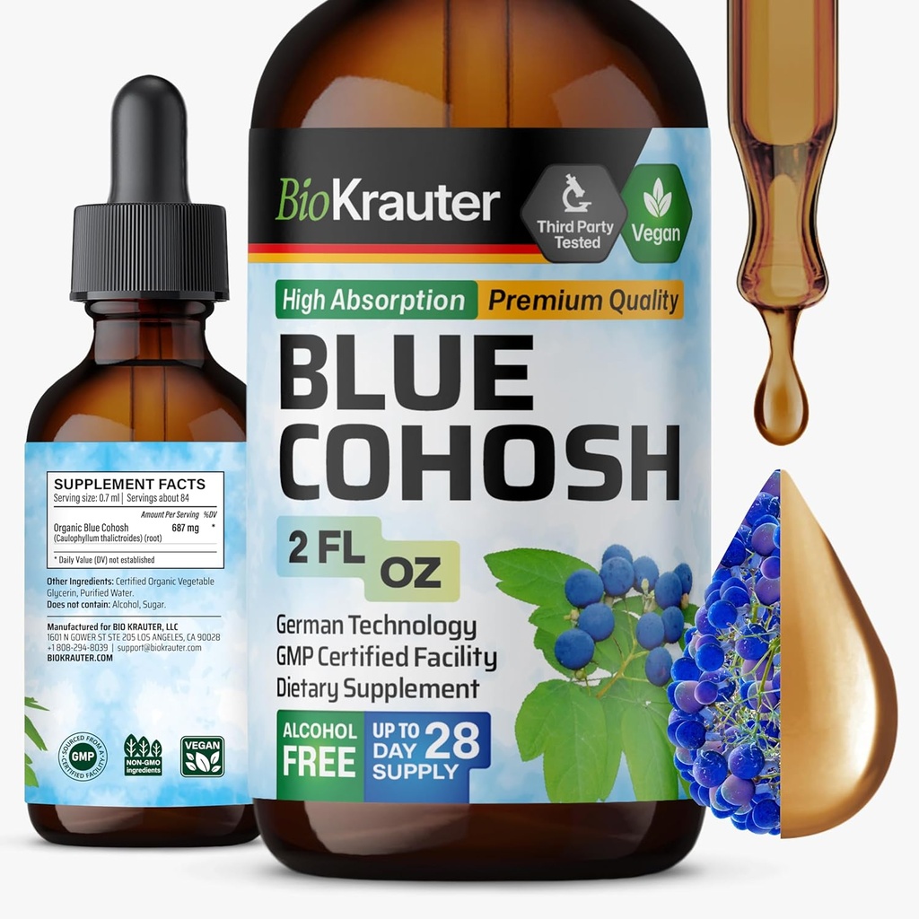BIO KRAUTER ® Menopause Kosttilskud til kvinder * - Blue Cohosh Tincture 2 Fl.Oz 28 dages levering - Vegan Blue Cohosh Extract for Menopause Support - Alkohol & Sugar Free - Afslapning & Wellness