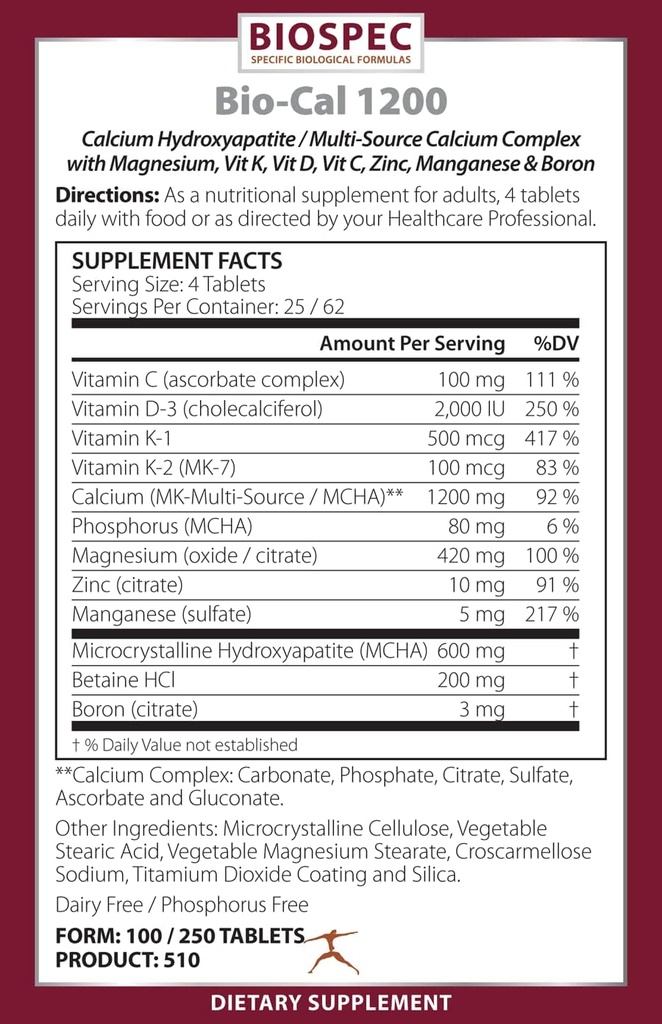 Bio- Cal 1200 - Superior Bone Support Complex w / MCHA, Vitamin D3, Vitamin K2 (MK- 7), Magnesium, Zink og andre næringsstoffer