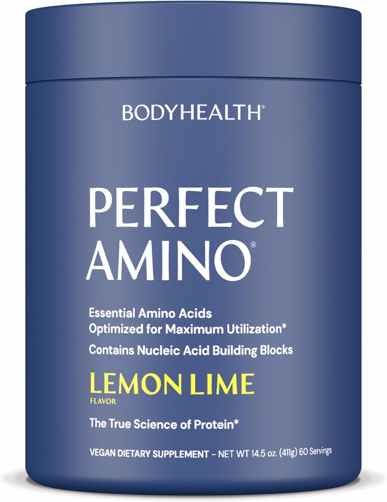 BodyHealth PerfectAmino Powder - BCAA og EAA Powder til Pre and Post Workout - Amino Acid Energy Drikke for mænd og kvinder til at støtte Lean Muskel og Inddrivelse - Lemon Lime - 60 Servering