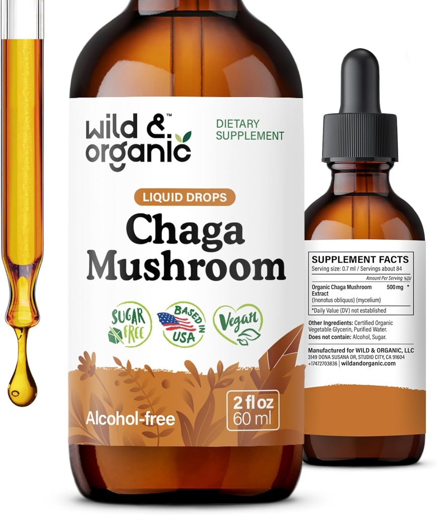 Wild & Organic Chaga Mushroom Tinktur - immunforsvar med Chaga Mushroom Extract Liquid - Immunity Drops Supplement - Vegan, Sukker & Alkohol- Free - 2 fl oz