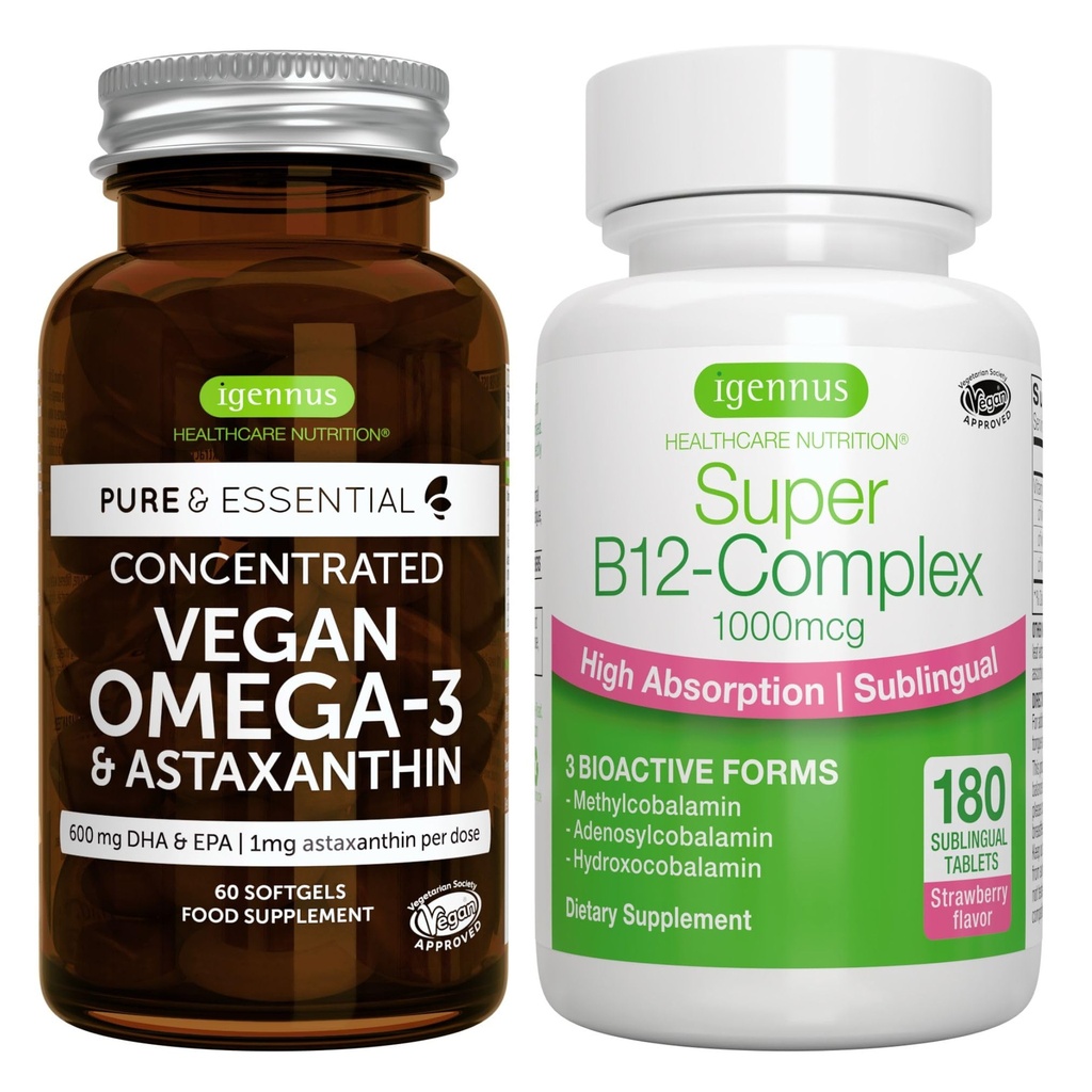 Vegan Omega-3 + Super B12- Complex 1000mcg Vegan Bundle, Sustainable EPA & DHA Algae Oil 1340mg + High Absorption Sublingual Vitamin B12 with Methylcobalamin, Adenosylcobalamin & Hydroxocobalamin, by I