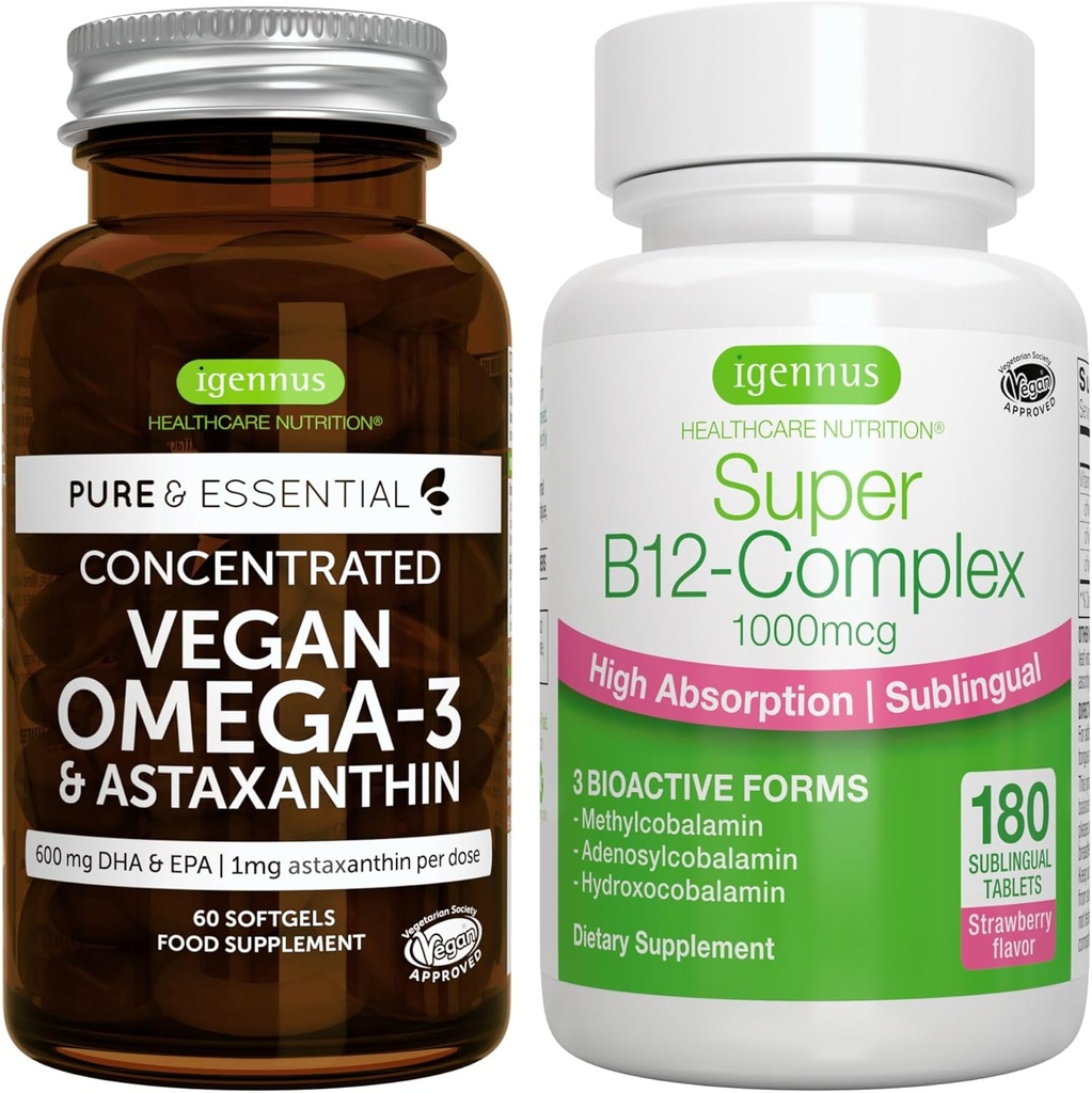 Vegan Omega-3 + Super B12-Complex 1000mcg Vegan Bundle, Sustainable EPA & DHA Algae Oil 1340mg + High Absorption Sublingual Vitamin B12 With Methylcobalamin, Adenosylcobalamin & Hydroxocobalamin, by I