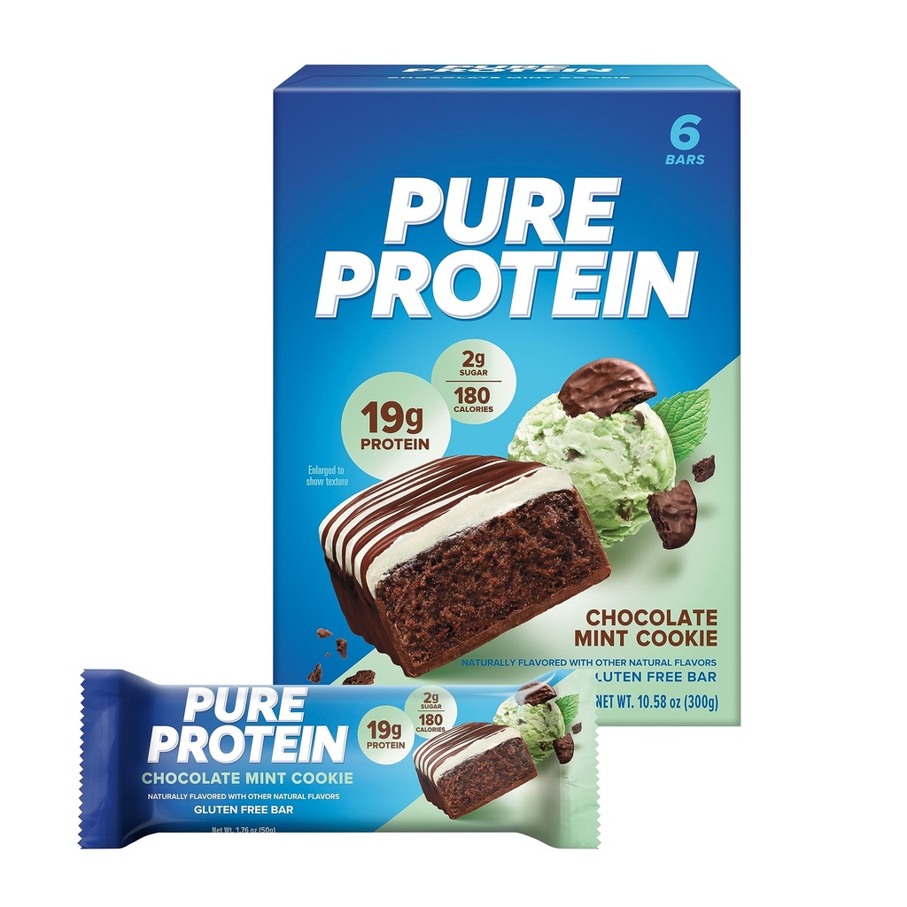Pure Protein Barer, Høj Protein, Ernæringsrige Snacks til at støtte energi, Lavsukker, Glutenfri, Chokolade Mint Cookie, 1.76oz, 6 Pack