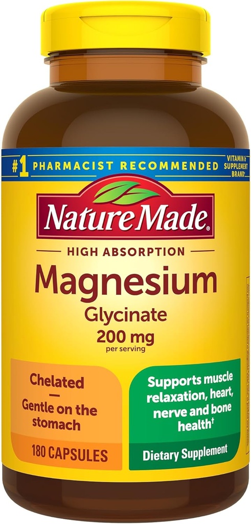 Nature Made Magnesium Glycinate 200 mg per portion, Magnesium supplement til muskel, hjerte, nerve og ben støtte, 180 Magnesium Bisglycinate kapsler, 90 dages forsyning