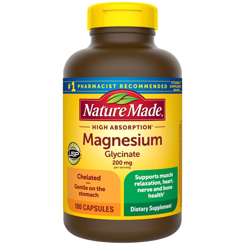 Nature Made Magnesium Glycinate 200 mg per portion, Magnesium supplement til muskel, hjerte, nerve og ben støtte, 180 Magnesium Bisglycinate kapsler, 90 dages forsyning