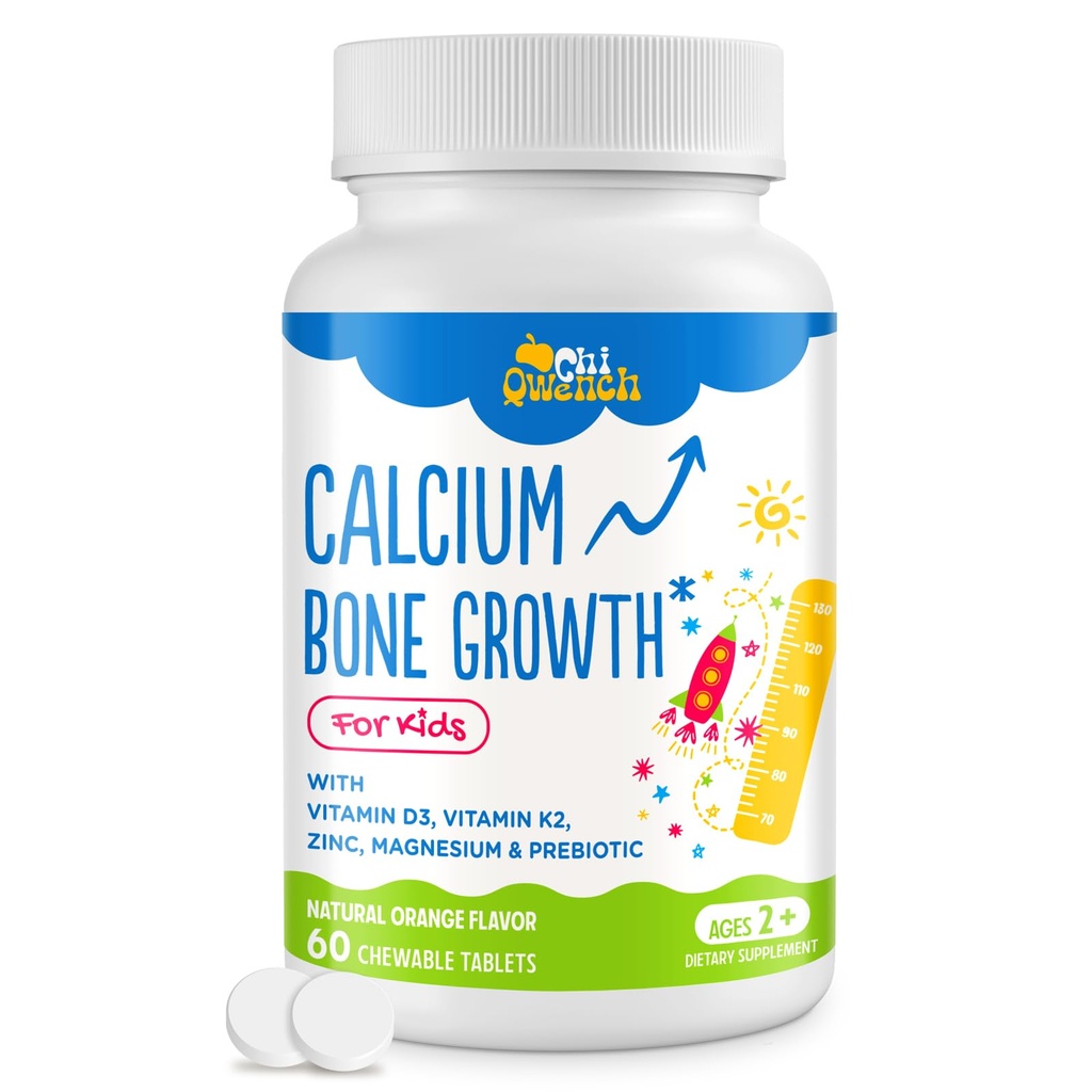 500 MG Calciumtilskud med vitamin D3 & K2, zink, Magnesium & Prebiotika. Børn Vitaminer til børnenes højde. Knoglestyrke, høj Absorption, orange tyggebånd, non-GMO, gluten fri, 60 tabletter
