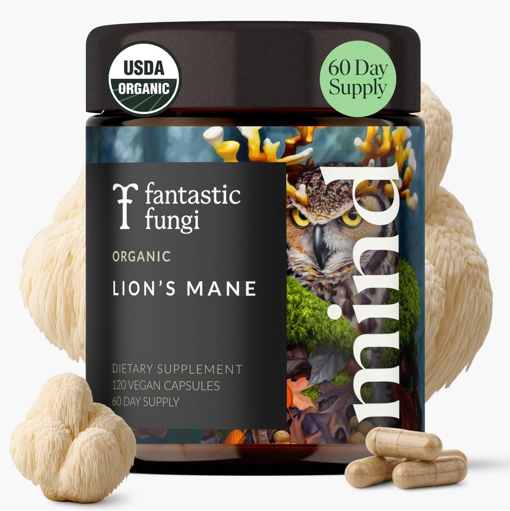 Lions Mane Supplement Kapsler, Lions Mane Mushroom supplement til hukommelse, Focus & Food support, Adaptogen Funktionelle Mushrooms Extract - 100% USDA Organic, Vegan- Glas Jar, 120 Caps, 2 Måned Supply