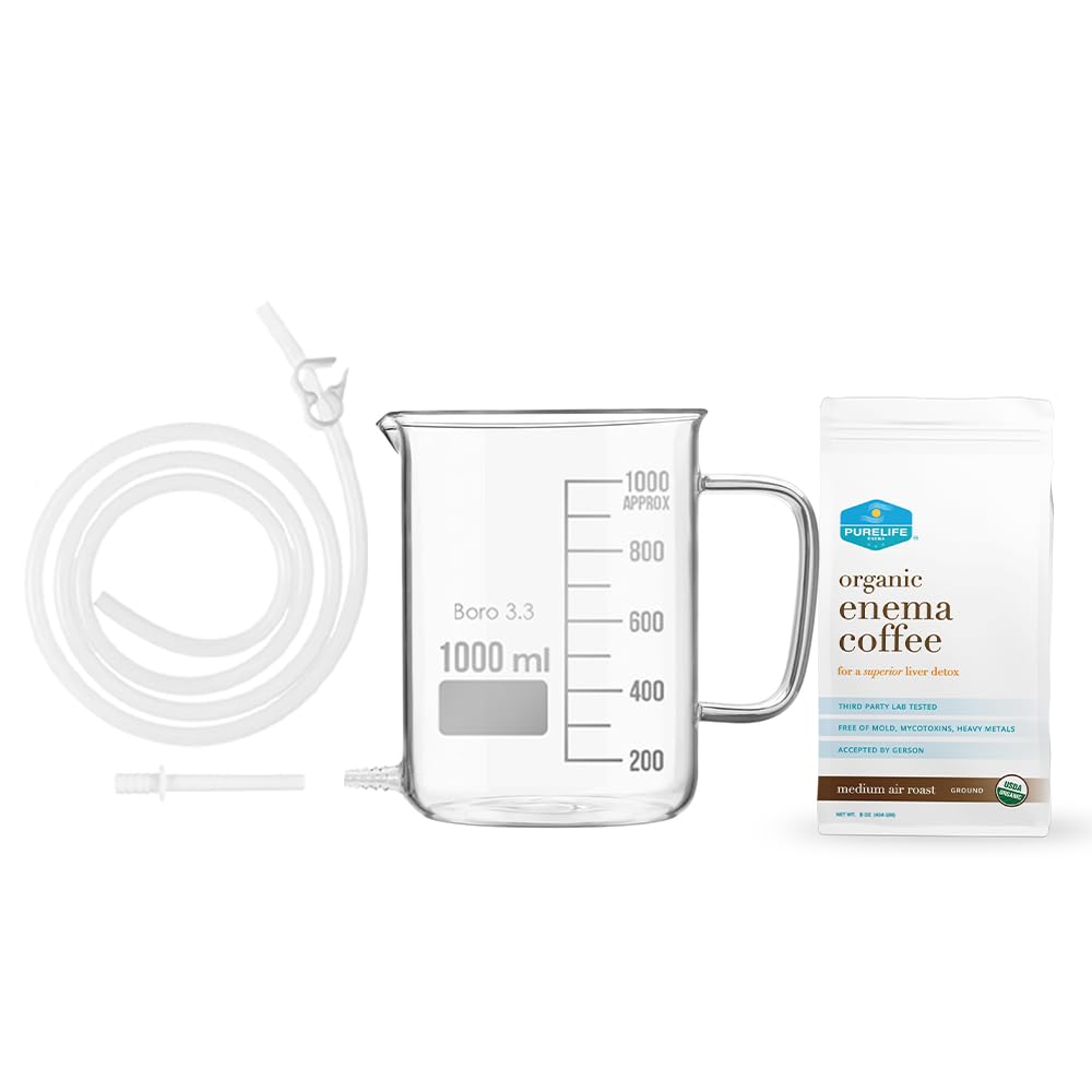 Purelife Coffee Enema Kit - 1 Qt Non Toxic Glass Enema Bucket - for Colon Cleansing - Home Enemas - Lever Detox for Gerson Therapy - 1 / 2 Lb Organic Enema Coffee - Lab Testet