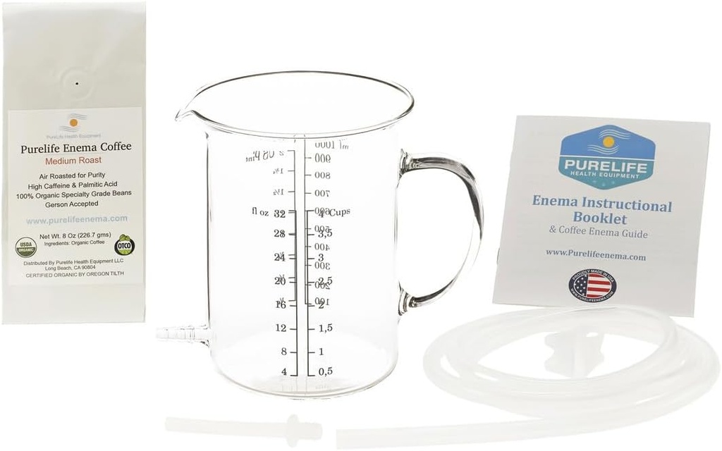 Purelife Coffee Enema Kit - 1 Qt Non Toxic Glass Enema Bucket - for Colon Cleansing - Home Enemas - Lever Detox for Gerson Therapy - 1 / 2 Lb Organic Enema Coffee - Lab Testet