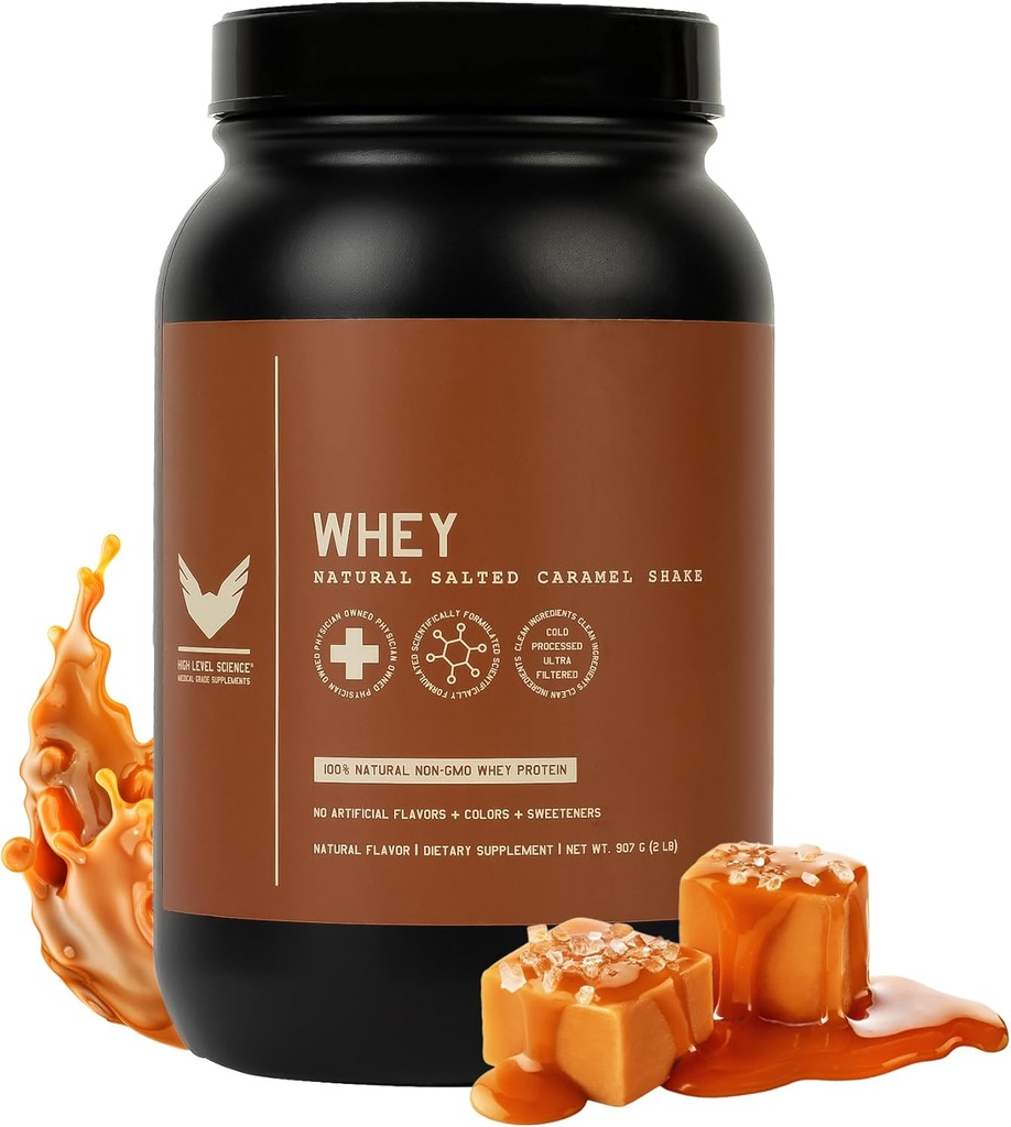 High Level Whey Protein Powder, Natural Salted Caramel Shake, 24g Protein, 2 lb, Ultra-Filtered, Non-GMO, Stevia Sweetened, Digestive Enzymes, Gluten Free, No Artificial Additives, Made in USA