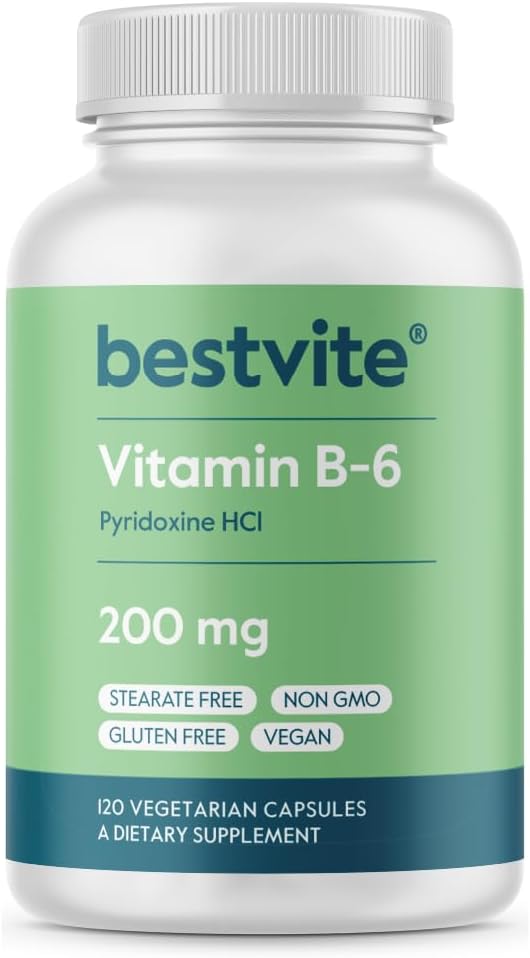 BESTVITE vitamin B- 6 200mg (120 vegetariske kapsler) - Ingen stearater - Ingen Flow Agents - Vegan - Ikke GMO - Gluten Free