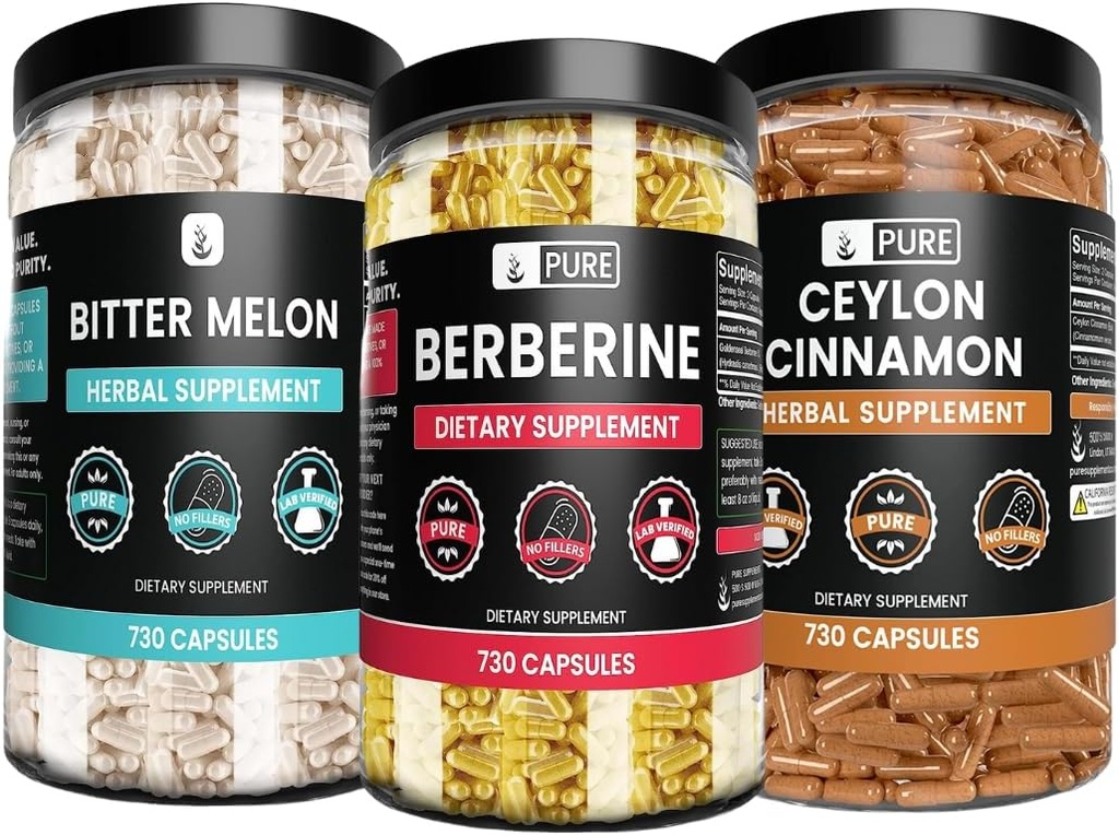 Pure Original Ingredienser Berberine, Bitter Melon, og Ceylon Kanel Kapsler Bundle (730 Kapsler) Ingen Magnesium eller ris Fyldere
