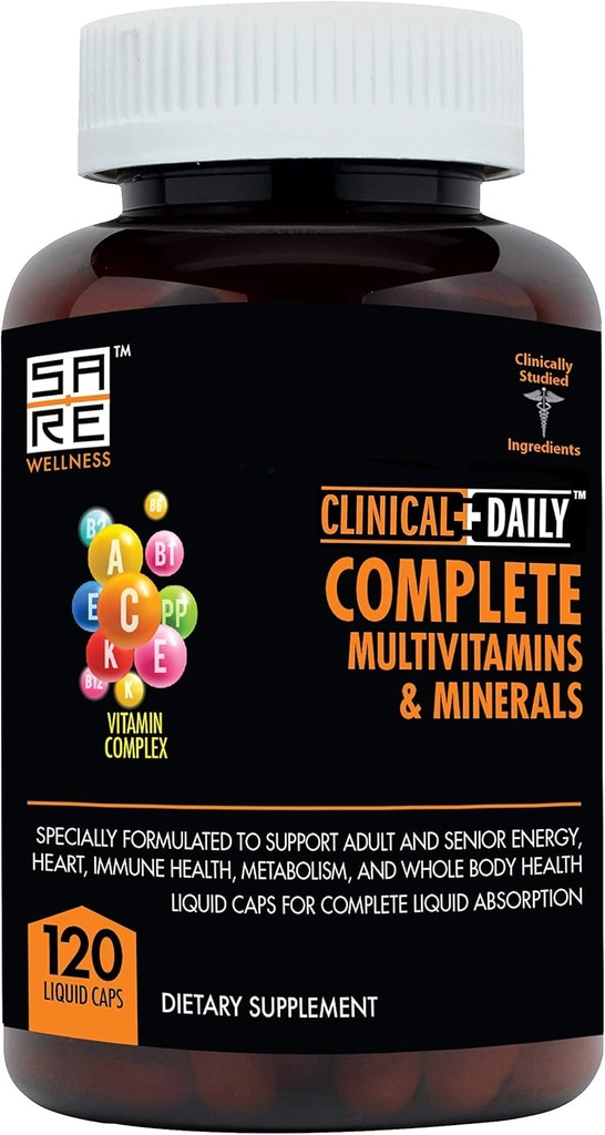Clinical Daily Complete Whole Food Multivitamin Supplement for kvinder & mænd - Komplet flydende Vitamin Absorption! 42 Superfood Frugt Grøntsager - Ung voksen til ældre - 120 flydende kapsler