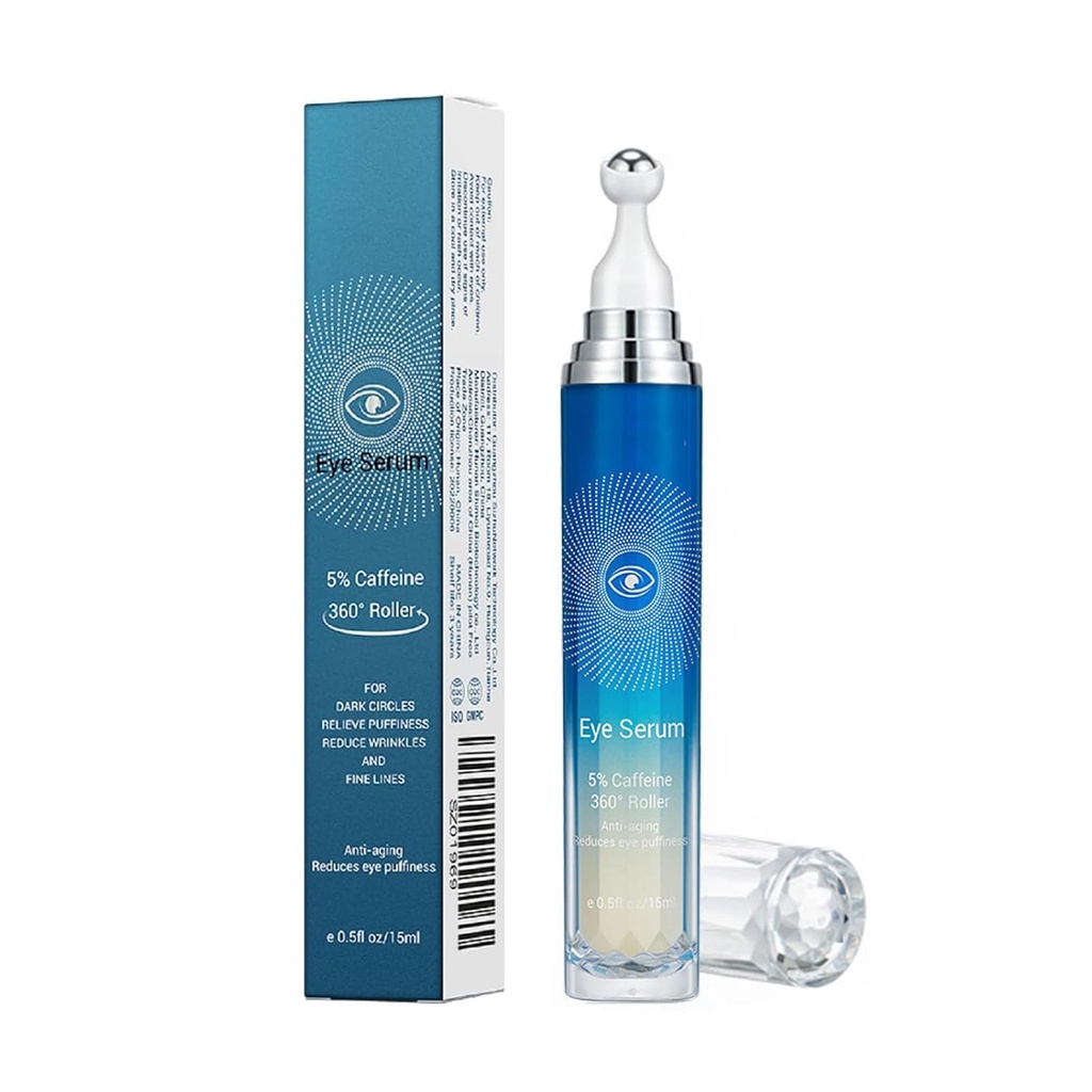 5% Koffein Eye Serum, Anti- Aging Under Eye Roller Cream til mørke cirkler Puffiness Rynker og fine linjer, Koreansk EyeCare Cream med 360 ° Massage Ball, EyeBags Behandling for mænd og kvinder