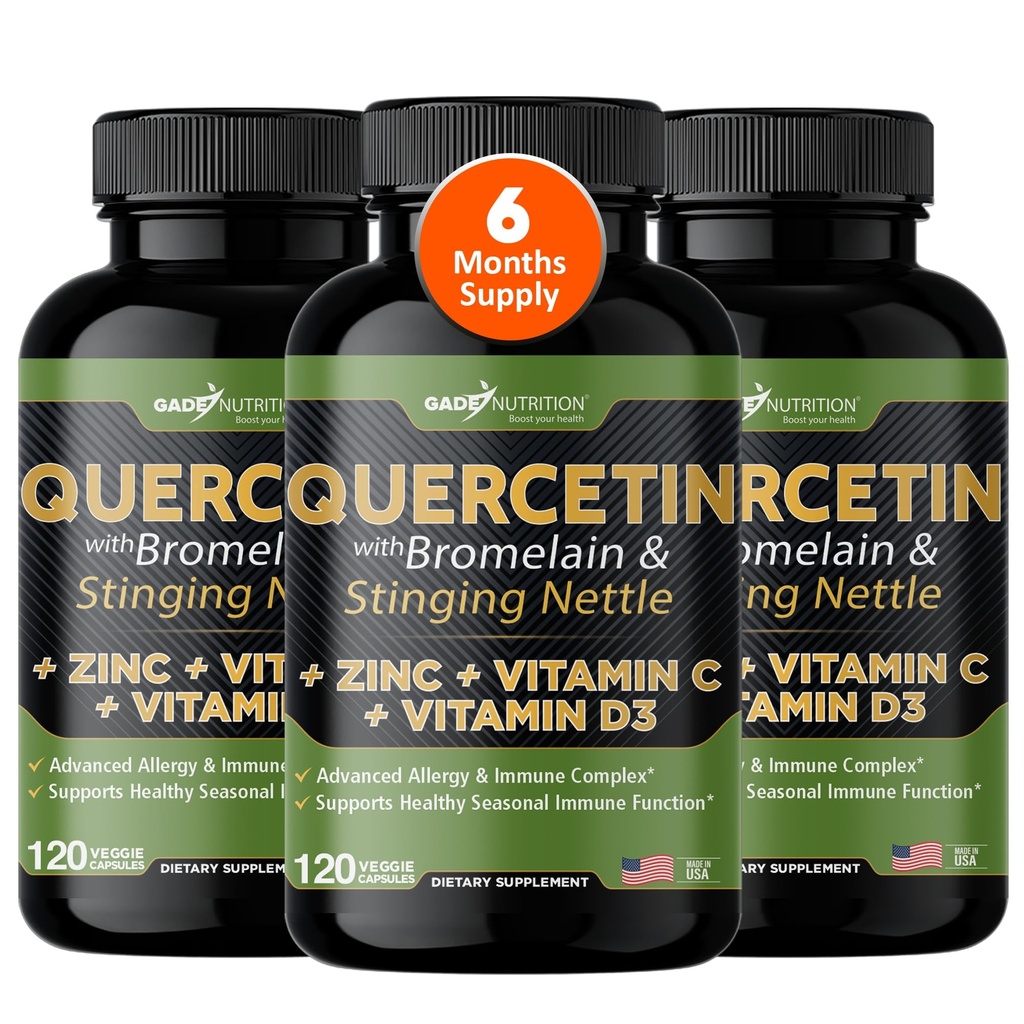 Gade Nutrition Quercetin med C-vitamin, Zink & Stinging Nettle - Nettle Quercetin - Quercetin 500mg - Quercetin med Bromelain - Zink Quercetin + D3- 360 Veggie Caps - 6 Måned Supply