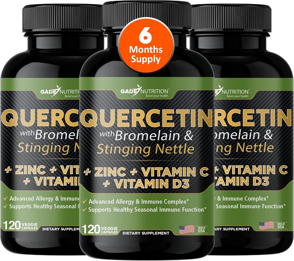 Gade Nutrition Quercetin med C-vitamin, Zink & Stinging Nettle - Nettle Quercetin - Quercetin 500mg - Quercetin med Bromelain - Zink Quercetin + D3- 360 Veggie Caps - 6 Måned Supply