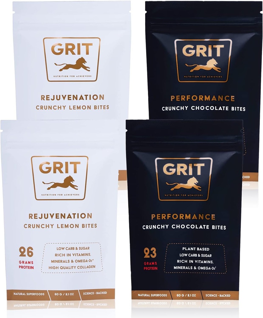 Nutrition Bites Sampler Pack C124; 23- 26g Protein C124; High Energy Pre- Workout og fælles support Kosttilskud C124; Muskel- Building and Endurance C124; Gluten Free, Keto, No Soy C124; GRIT Superfoods (60g, 4 pack)