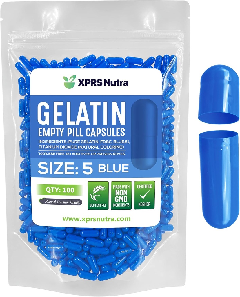 XPRS Nutra størrelse 5 Tomme kapsler - 100 Greve meget lille Tomme Gelatine kapsler - Piller gør det selv Capsule Fyldning - Fyldelige Pille Gel Caps til Do- It- Yourself Vitamin Kosttilskud (blå)