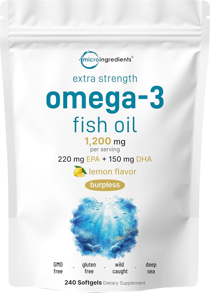 Micro Ingredients Extra Strength Omega 3 Fish Oil Supplements 1,200mg Per Serving, 240 Softgels - 124; Lemon Flavored - 124; Burpless - 124; Essential Fatty Acids - 124; EPA 220mg + DHA 150mg - 124; Deep Sea Fish