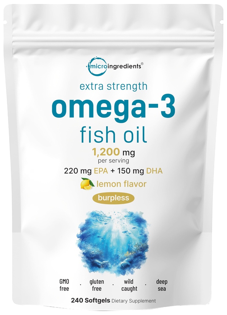 Micro Ingredients Extra Strength Omega 3 Fish Oil Supplements 1,200mg Per Serving, 240 Softgels - 124; Lemon Flavored - 124; Burpless - 124; Essential Fatty Acids - 124; EPA 220mg + DHA 150mg - 124; Deep Sea Fish