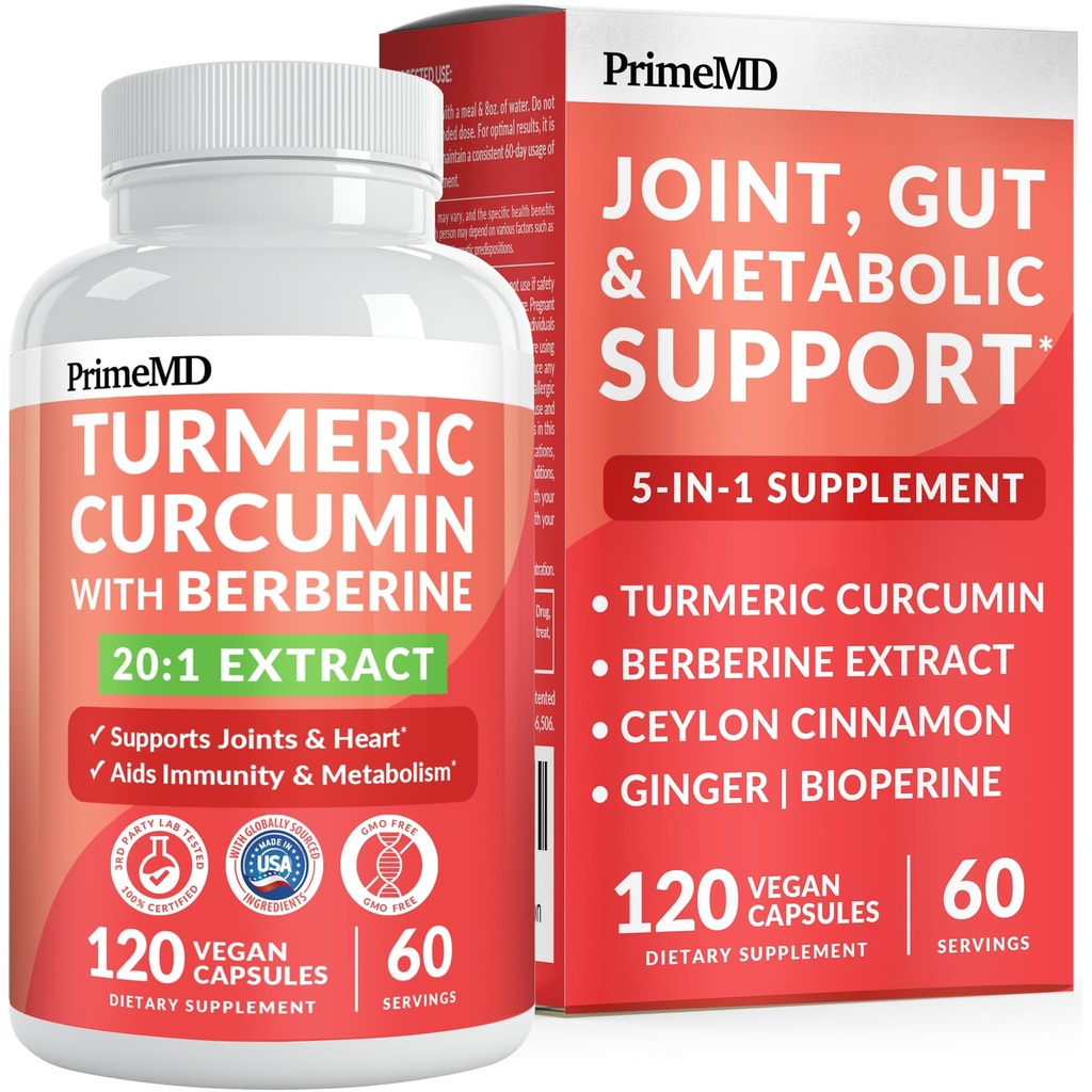 5- in-1 Økologisk gurkemeje Curcumin Supplement (4210mg) med berberine, Ceylon kanel bioperine og ingefær Kosttilskud til fælles, hjerte, tandkød, og metabolisk støtte (120 ct)