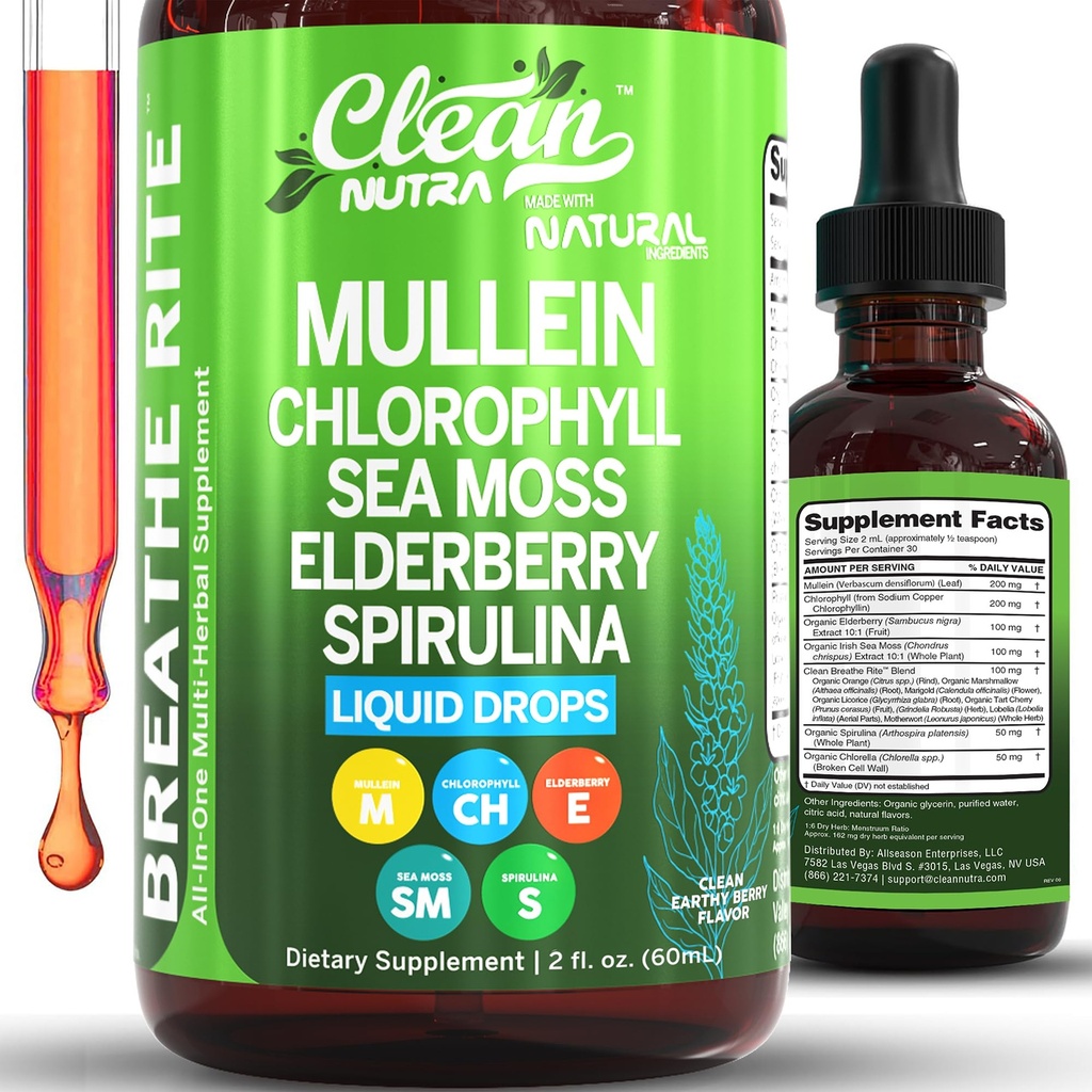 Clean Nutra Mullein Drops til Lungs Organic Chlorophyll Flydende Irish Sea Moss, Spirulina, Lakrids, Tart Cherry Lobelia, Motherwort & Elderberry Mullein Leaf Extract Tinktur Mænd Kvinder Supplement