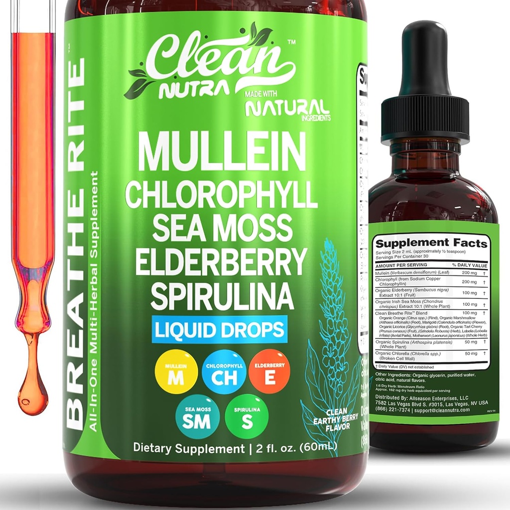 Clean Nutra Mullein Drops til Lungs Organic Chlorophyll Flydende Irish Sea Moss, Spirulina, Lakrids, Tart Cherry Lobelia, Motherwort & Elderberry Mullein Leaf Extract Tinktur Mænd Kvinder Supplement