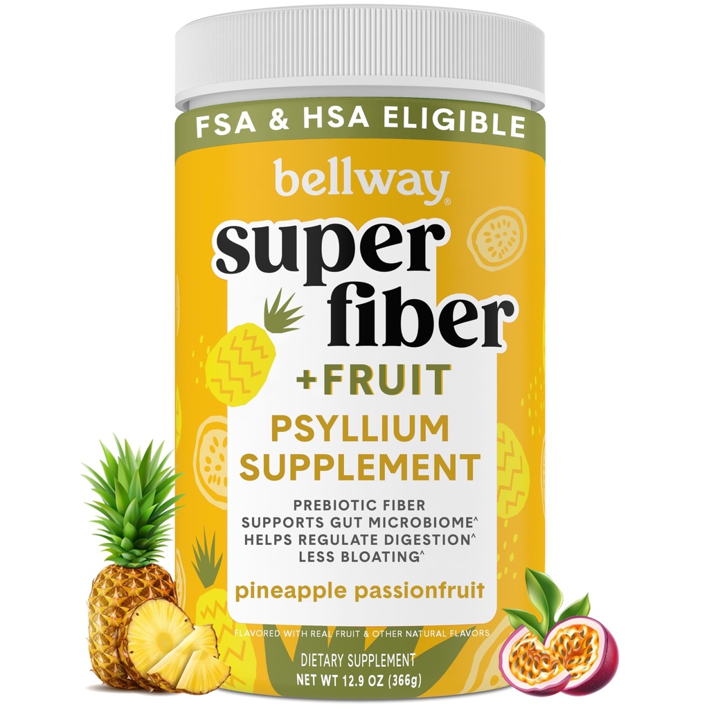 Bellway Super Fiber Powder + Frugt, Sukker Free Organic Psyllium Husk Powder Fiber tillæg for regelmæssighed, Bloating Relief & fordøjelsesmæssig sundhed, Plant- baseret, Ananas Passionsfrugt (50 Servere)