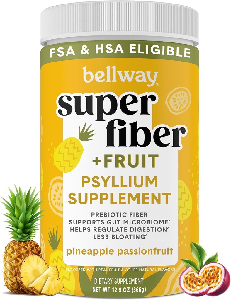 Bellway Super Fiber Powder + Frugt, Sukker Free Organic Psyllium Husk Powder Fiber tillæg for regelmæssighed, Bloating Relief & fordøjelsesmæssig sundhed, Plant- baseret, Ananas Passionsfrugt (50 Servere)