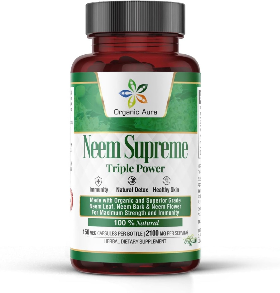 Organic Aura Neem Supreme Capsules. 150 Veg kapsler. Triple Complex - Max Strength Pure High- Potency Azadirachta Indica Capsule. Naturlig antioxidant, hud sundhed, abundant immunitet støtte.