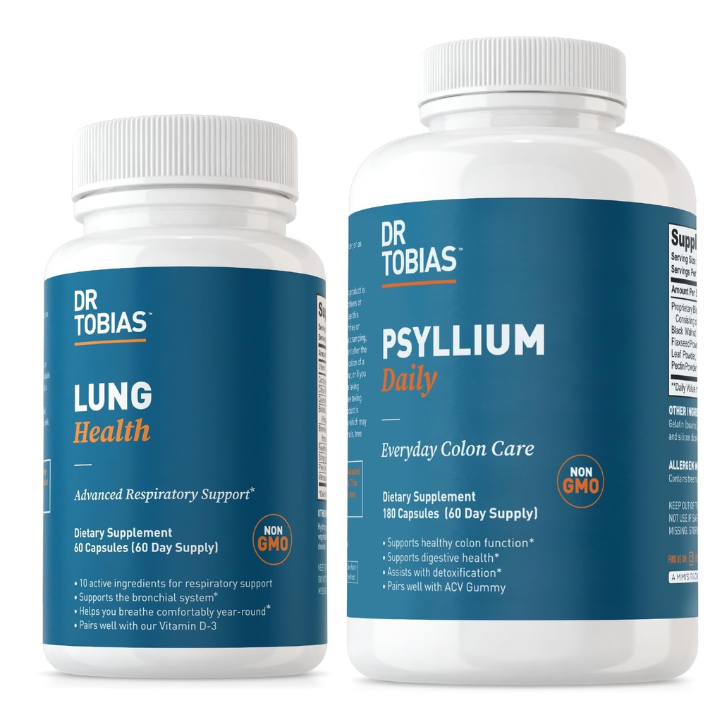 Dr. Tobias Lung Health & Psyllium Daglige Kosttilskud, Lung Cleanse & Detox Formel, understøtter sunde tarmbevægelser med Psyllium Husk, C-vitamin, Butterbur, Quercetin, Daily Fiber og Lung Supplement