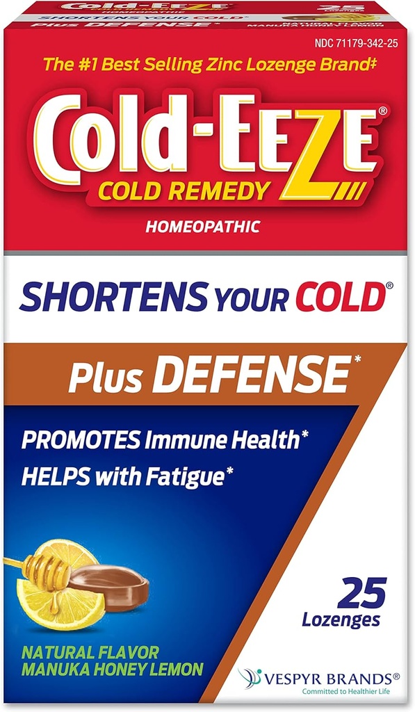 Cold- Eeze Plus Defense Natural Manuka Honey Lemon Zink Lozenges, Homøopatisk Cold Remedy, Shortens fælles kolde symptomer, fremmer immunsundhed, Sambucus Nigra, Echinacea og Rose HIPS, 25 Ct.