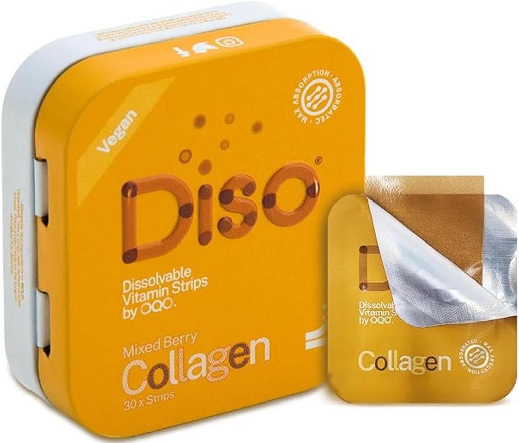 DISO - Collagen Boost - Fast- Opløsning Oral Strips, Blandede Berry Flavor, Vegan, Sukker Free, Maksimal Absorption til hjælp Produce Collagen, Gluten Free, Individuelt indpakket, 30 Dissolable Strips