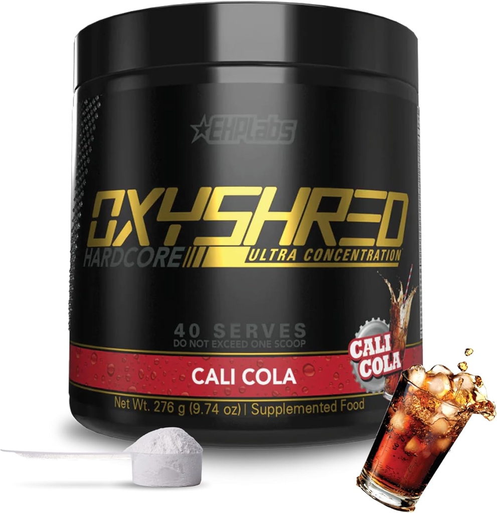 EHP Labs OxyShred Hardcore Super Dosed Pre Workout Powder - Preworkout Powder with L Glutamine & Acetyl L Carnitine, Energy Boost Drink - 275mg of Caffeine - Cali Cola, 40 Servings
