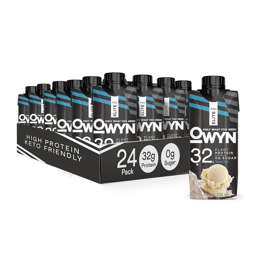 OWYN Pro Elite Vegan Plant- baseret High Protein Shake, Vanilla, 24- Pack, 32g Plant Protein, Prebiotika, Superfoods Green for Workout and Recovery, 0g Net Carbs, Zero Sugar, Keto (24 Pack)