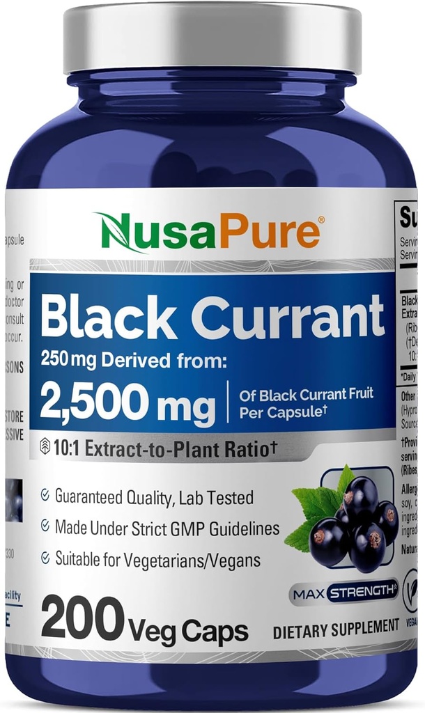 NusaPure Black Currant 10: 1 Extract, 250 mg svarende til 2.500mg, per Veg Caps 200 Vegan, Non- GMO