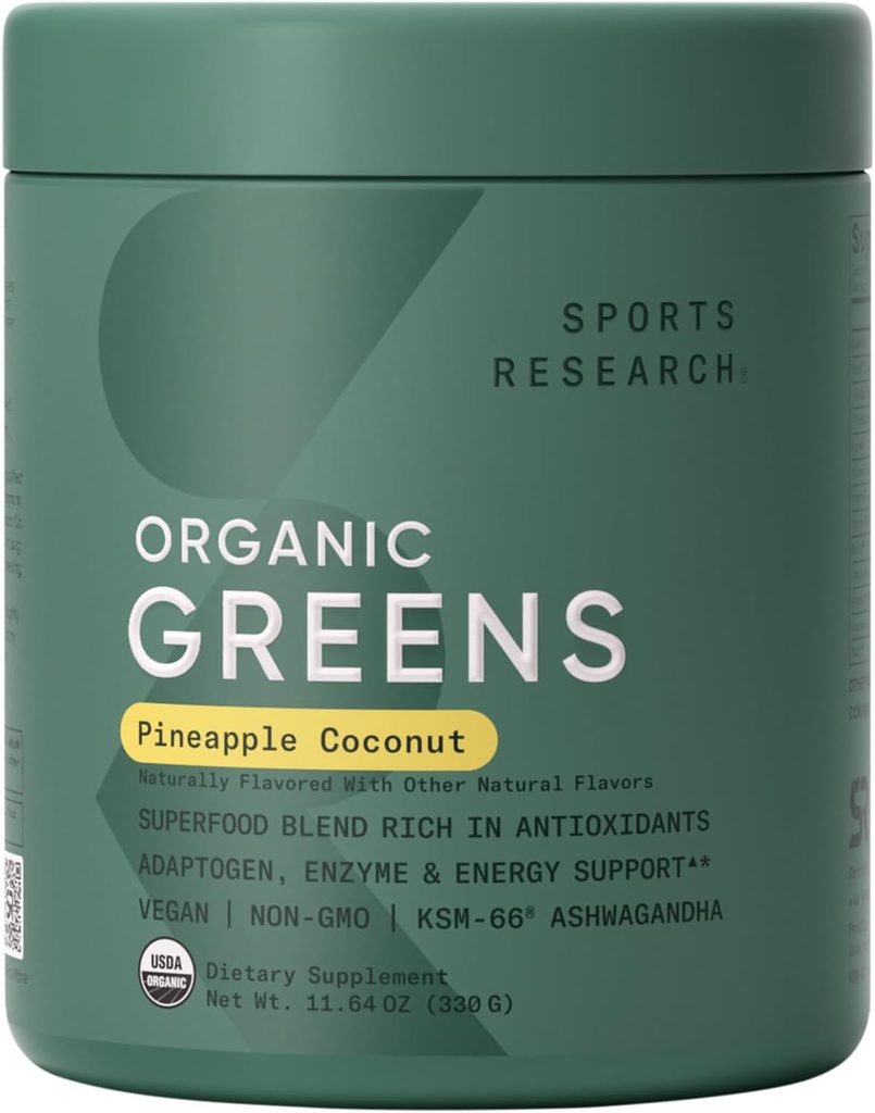 Sports Research ® Organic Green Superfood Powder w / Spirulina, Chlorella, Adaptogens, Enzymes, Probiotika & 8 VIT Bs til Gut & Mood Support * - Vegan, Sugar- Free & Low- Cal Ananas Coconut 30 Servere